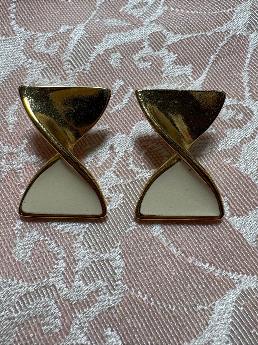Vintage Gold Tone & White Enamel Hourglass Geometric Statement Earrings